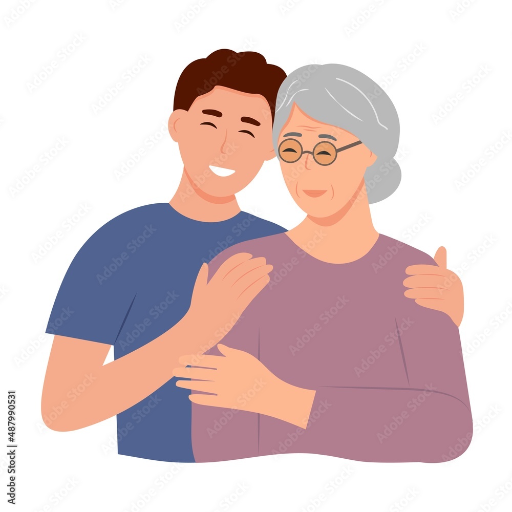 Happy Young man hugging her old mother with love. Mother and son. Mothers day .Portrait of young man hugging her grandma. Friendly family relationship. vector flat illustration Happy Young man hugging her old mother with love. Mother and son. Mothers day .Portrait of young man hugging her grandma. Friendly family relationship. vector flat illustration