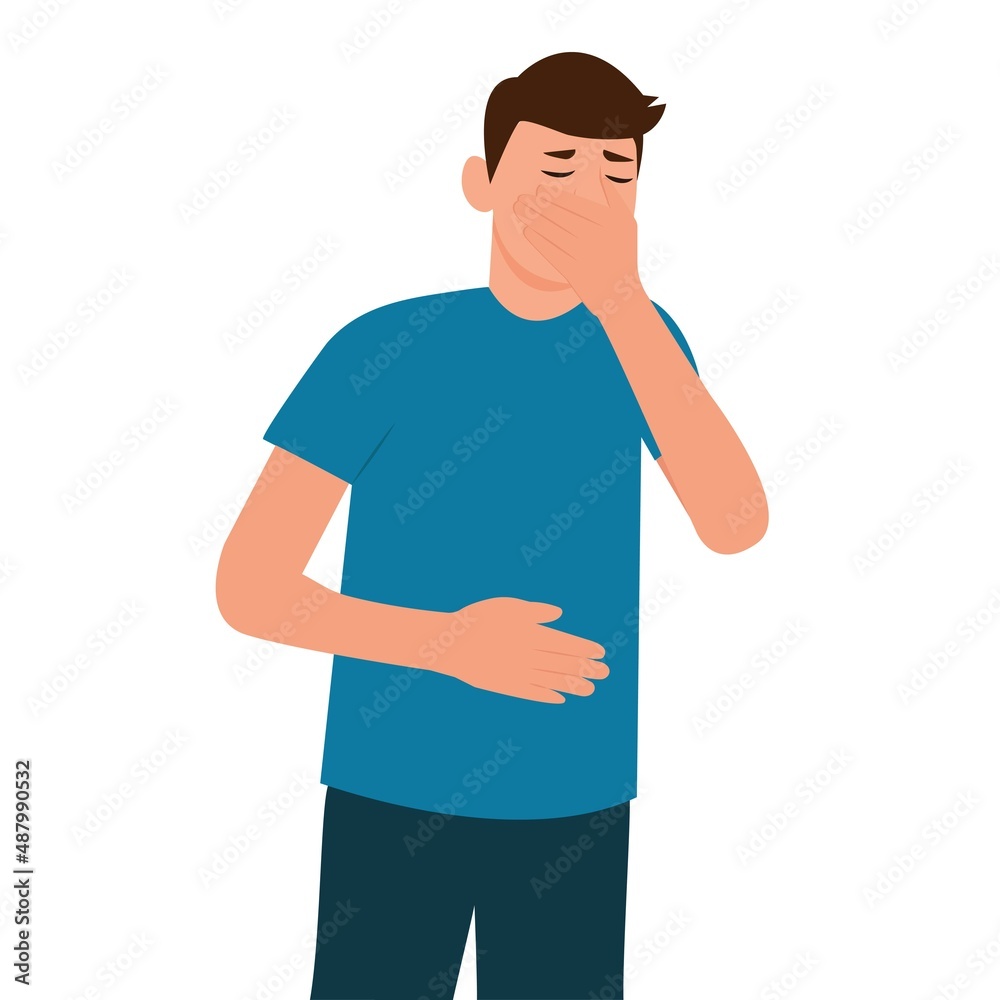 The man suffers from nausea. Vomiting. Symptom of illness, health problems. Poisoning,Abdominal pain.Isolated flat vector illustration The man suffers from nausea. Vomiting. Symptom of illness, health problems. Poisoning,Abdominal pain.Isolated flat vector illustration