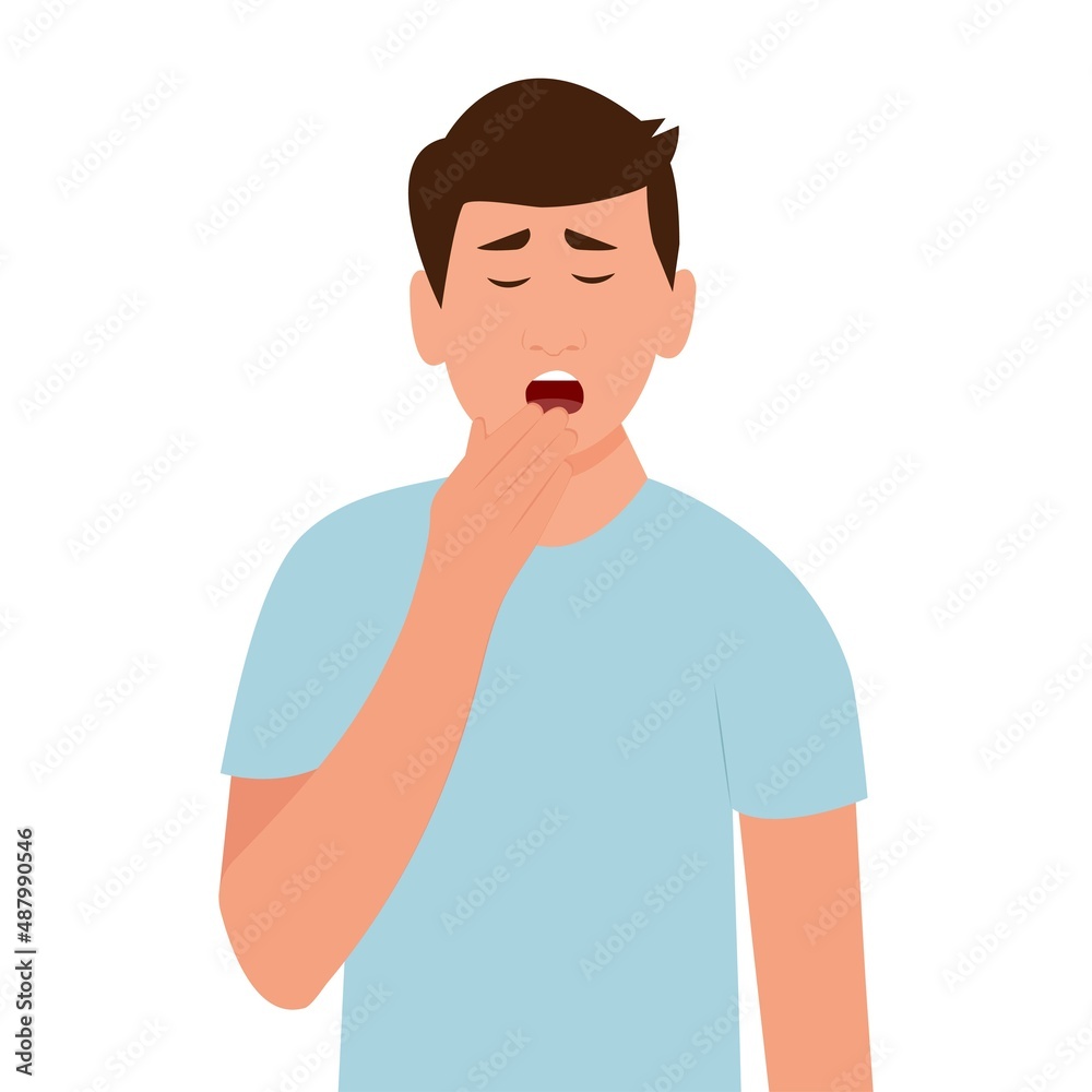 Man yawning covering mouth with hand.  Sleepy person with open mouth.Fatigue. Low energy.Vector illustration
