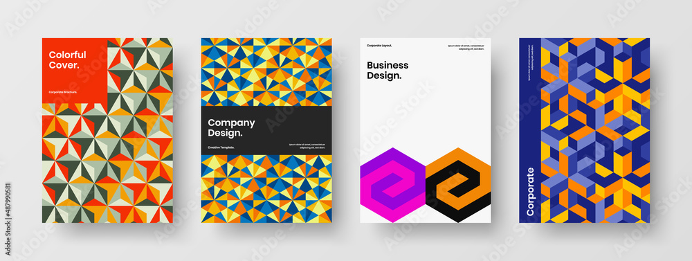 Colorful company brochure A4 design vector layout composition. Unique mosaic pattern pamphlet template collection.