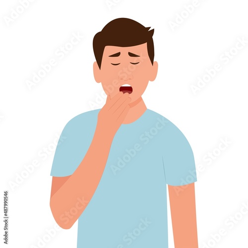 Man yawning covering mouth with hand.  Sleepy person with open mouth.Fatigue. Low energy.Vector illustration