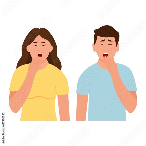 Man and woman yawning covering mouth with hand.  Sleepy people with open mouth.Fatigue. Low energy.Vector illustration