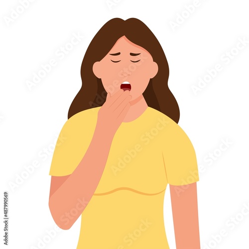 Woman yawning covering mouth with hand.  Sleepy person with open mouth.Fatigue. Low energy.Vector illustration