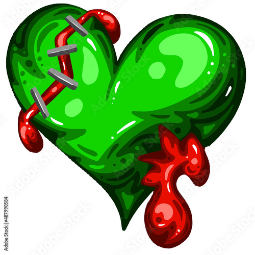 Green Dead Zombie Heart Cartoon Illustration with Blood and for Valentines Day or Halloween