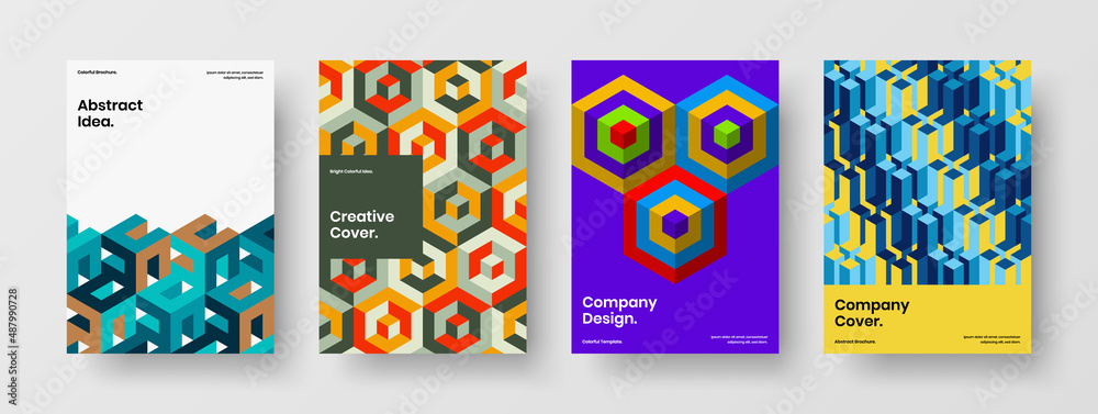 Obraz premium Clean geometric tiles annual report concept set. Fresh booklet A4 design vector illustration composition.