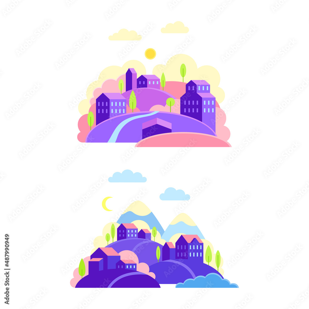 Countryside landscape with houses on hills at day and night time vector illustration