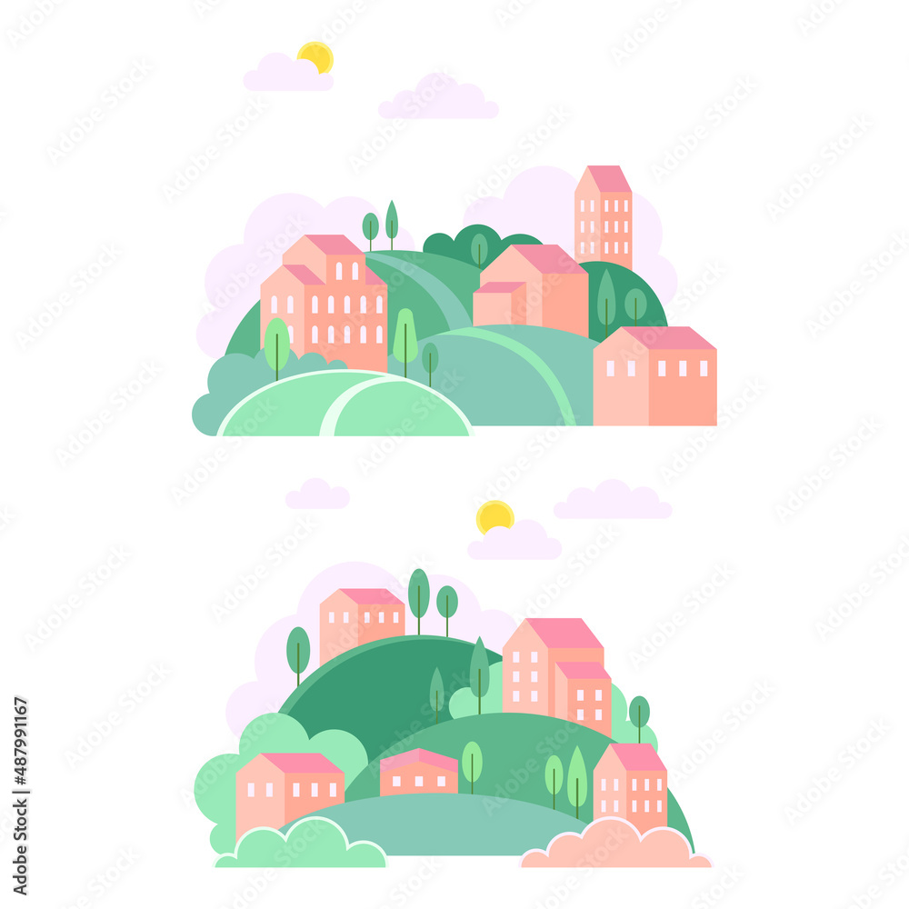 Set of summer countryside landscapes with green hills and brick houses at day time vector illustration