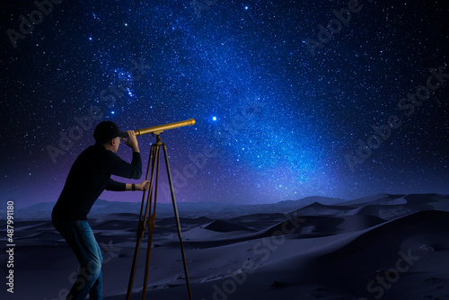 Платно Man looking at the stars through a telescope