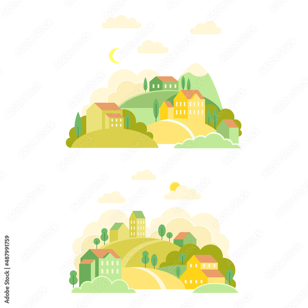 Set of summer countryside landscapes with green hills, cute houses and path vector illustration