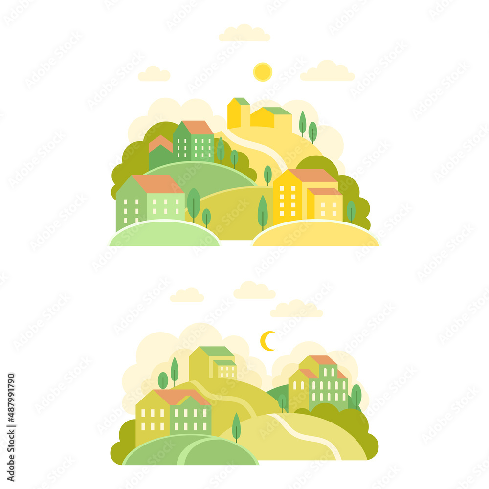 Small town at summer season set. Countryside landscape with green hills, cute houses and path vector illustration