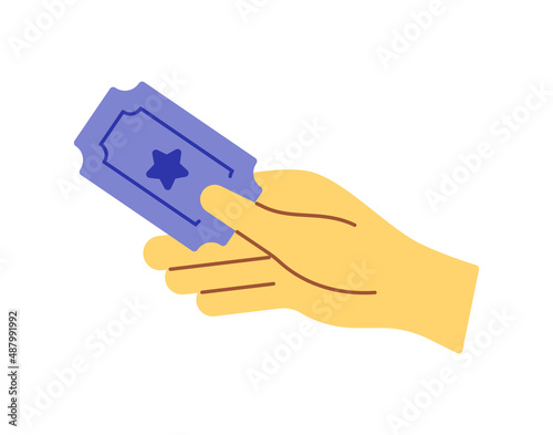 Hand holding cinema ticket icon. Entertainment, cinema vector symbol. Movie screening entrance flat illustration.