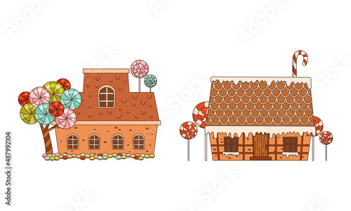 Christmas gingerbread houses set. Traditional festive sweet dessert cartoon vector illustration