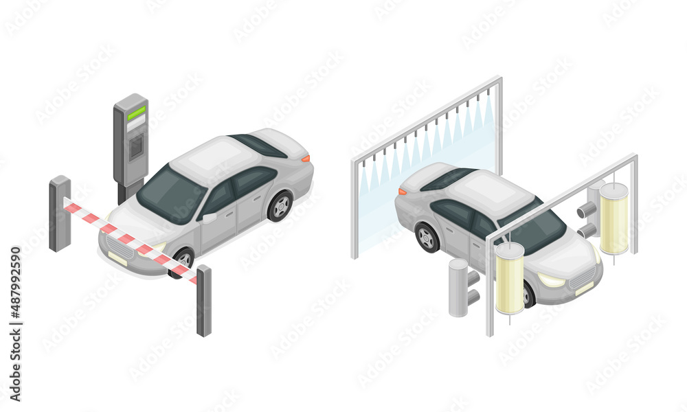 Car wash automatic and self service facilities station isometric vector illustration
