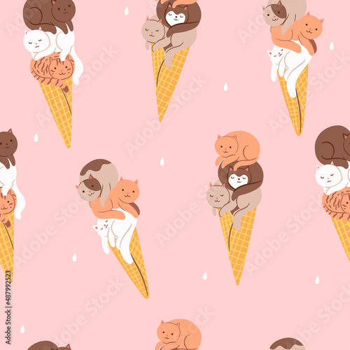 Seamless pattern with cute ice cream cats. Vector graphics.