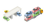 Truck carrying new cars. Auto maintenance service concept isometric vector illustration