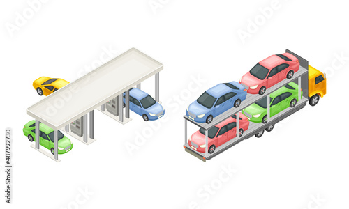 Truck carrying new cars. Auto maintenance service concept isometric vector illustration