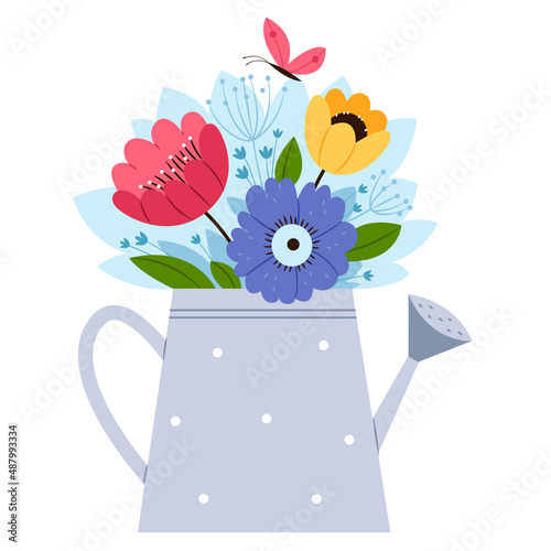 Spring decorative abstract bouquet in a watering can.Spring mood.Hand drawn flat illustration.