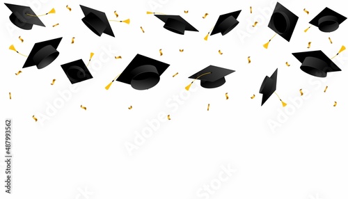 Vector illustration of graduation cap and confetti isolated on white background. Throwing hats, student graduation celebration
