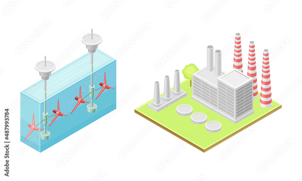Electricity generation. Hydroelectric power station and thermal power plant  isometric vector illustration on white background Stock-Vektorgrafik |  Adobe Stock