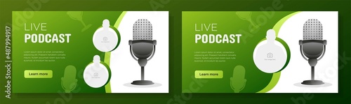 Live podcast online banner template set, webinar radio corporate advertisement, microphone horizontal ad, on air radio studio campaign webpage, flyer, creative brochure, isolated on background