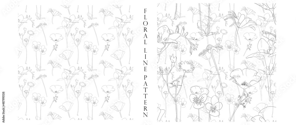 Floral seamless patterns with hand-drawn flowers and plants. May be used as a coloring book and much more.