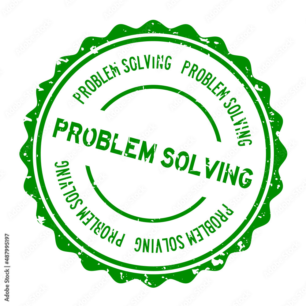 Grunge green problem solving word round rubber seal stamp on white background