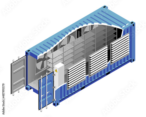 Blue cargo container or shipping container. Crtypo mining farm container concept vector illustration