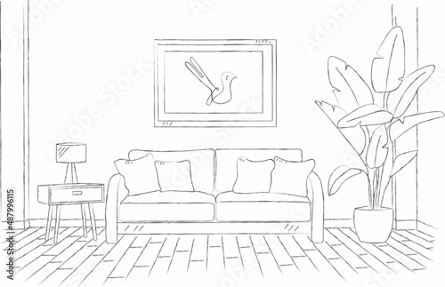 Sketchy illustration of living room interior.Vector hand drawing
