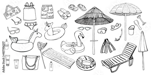 Vector sketch beach items. Hand drawn beachwear, accessories and equipment: umbrella, sunglasses, flippers, mask, glasses, swimsuit, sun bed, air mattress, flip flops, rubber ring. photo