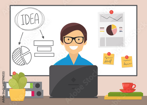 Manager at work sitting with laptop, magnetic board on the background. Office concept illustration
