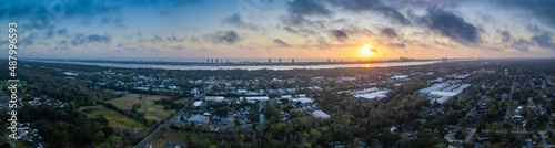 Aerial panorama of Daytona and Ormond Beach, Florida from a drone at sunrise