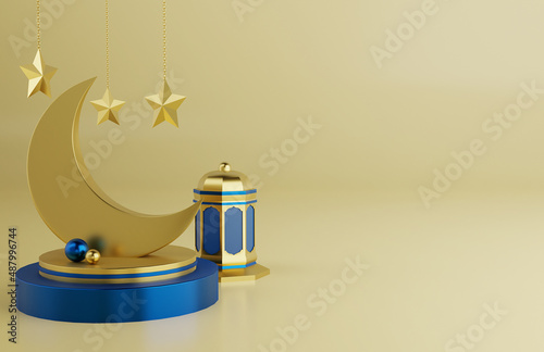 Islamic ramadan greeting background with 3d mosque ornament star and arabic lanterns
