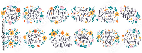 Happy mothers day quotes, greeting lettering phrases. Mothers day calligraphy quotes with floral elements vector illustration set. Lettering happy mothers day