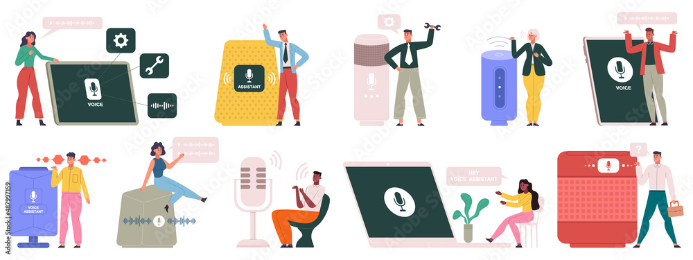 Smart speakers, characters use voice assistant, smart speaker device. Digital voice assistants, speech recognition and smart helpers vector illustration set. Voice assistants Smart speakers, characters use voice assistant, smart speaker device. Digital voice assistants, speech recognition and smart helpers vector illustration set. Voice assistants
