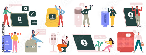 Smart speakers, characters use voice assistant, smart speaker device. Digital voice assistants, speech recognition and smart helpers vector illustration set. Voice assistants