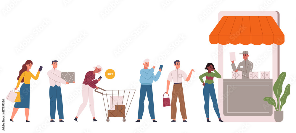 Online shopping people line, e-commerce big sale queue. Mobile shop customers, online market or grocery store queue vector illustration set. Buyers waiting in line