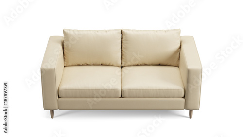 Modern beige leather upholstery sofa on isolated white background with shadows. Furniture for modern interior, minimalist design.