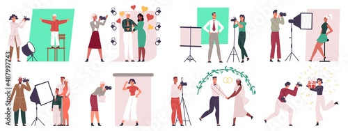 Photographers and models, professional cameraman workflow process. Wedding photoshoot, fashion and family photography vector illustration set. Photo session scenes