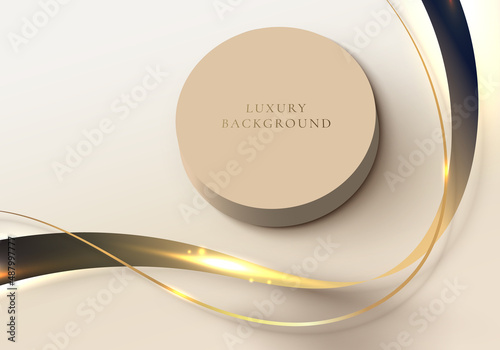3D realistic brown cylinder podium and elegant golden wave lines
