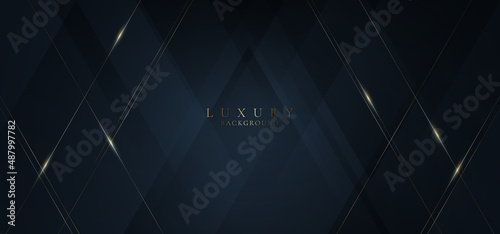 Elegant abstract 3D golden diagonal lines lighting with dark blue triangles shapes overlapping background
