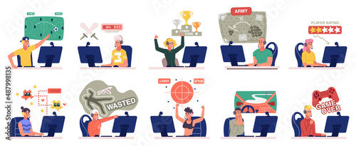 E-sport teams battle, cyber sport gamers training and competition. Cybersport team performance vector illustration set. Multiplayer online battle arena match