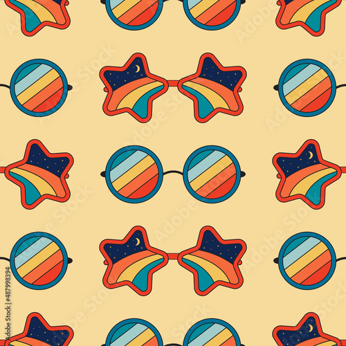 70s seamless vector pattern with vintage groovy disco sunglasses. Psychedelic background with colorful rainbow glasses. Fun hippy texture for surface design, wallpaper, wrapping paper, textile