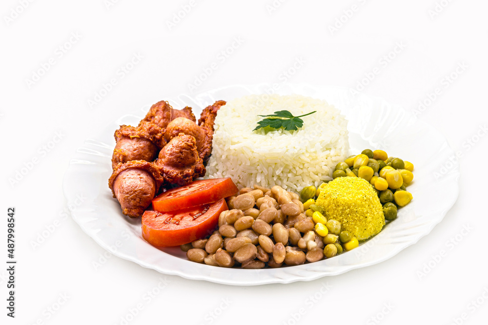 typical brazilian meal, traditional brazilian lunch, rice and beans, farofa, fries, tomato and salad with fried sausage typical brazilian meal, traditional brazilian lunch, rice and beans, farofa, fries, tomato and salad with fried sausage