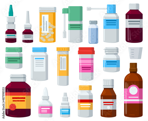 Cartoon medical drugs, pill containers or vitamin plastic bottles. Pharmaceutical containers with capsules, painkillers, vitamins vector illustration set. Medicinal bottles