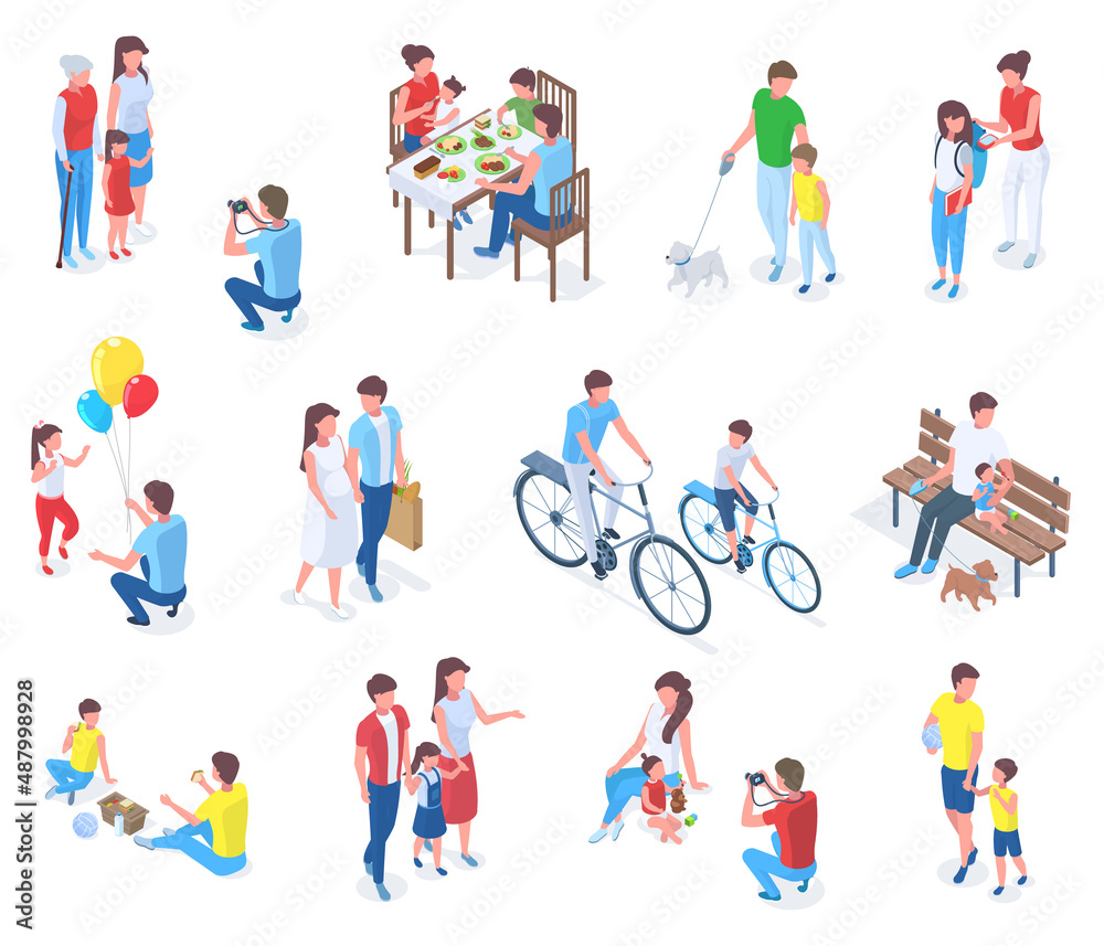 Isometric family with kids, parenting daily or holiday activities. Adults and elders spending time with children vector illustration set. Child care and affection scenes