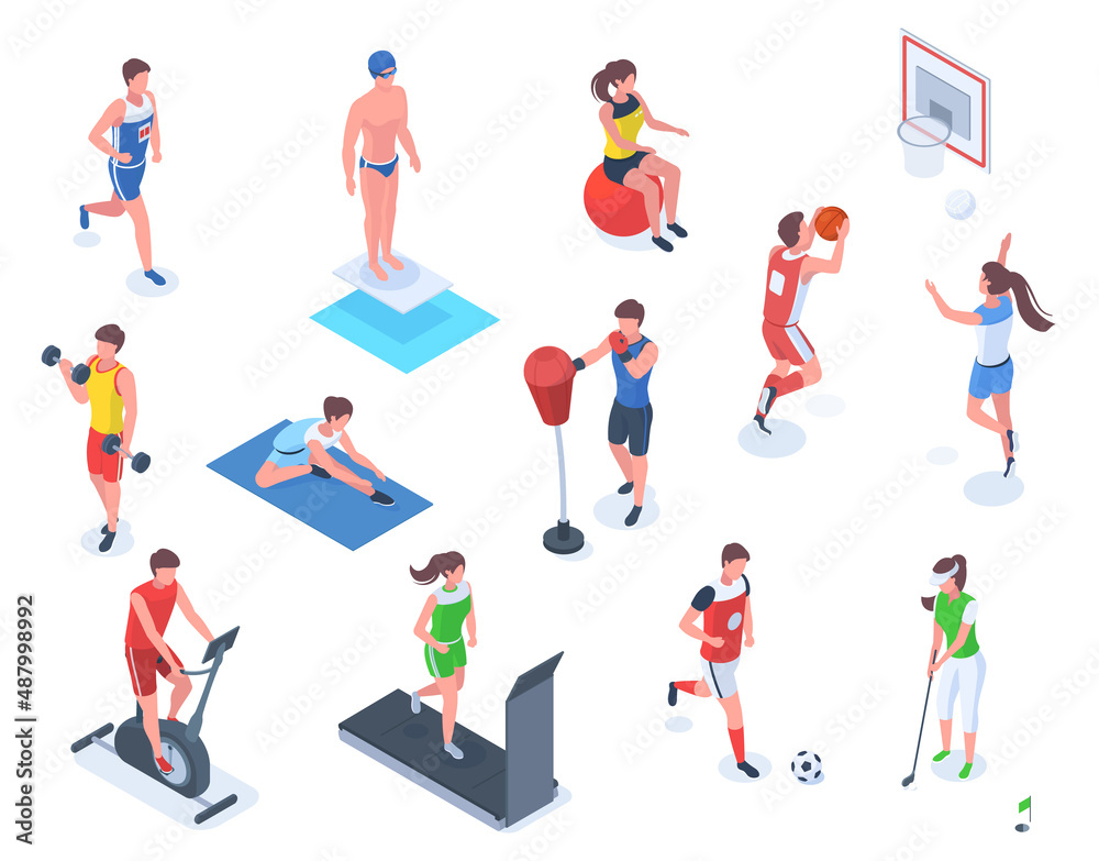Isometric people do sports, boxing, golf and fitness. Characters do outdoor and indoor sports vector illustration set. Professional athletes exercising