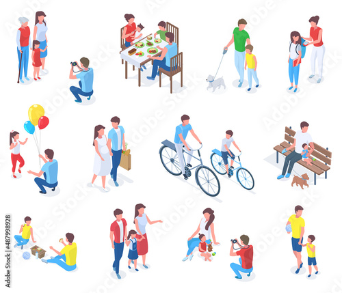 Isometric family with kids  parenting daily or holiday activities. Adults and elders spending time with children vector illustration set. Child care and affection scenes