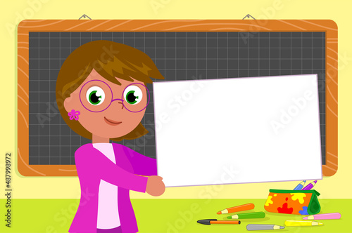 Cartoon teacher at school with blackboard vector illustration