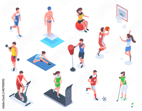 Isometric people do sports, boxing, golf and fitness. Characters do outdoor and indoor sports vector illustration set. Professional athletes exercising photo