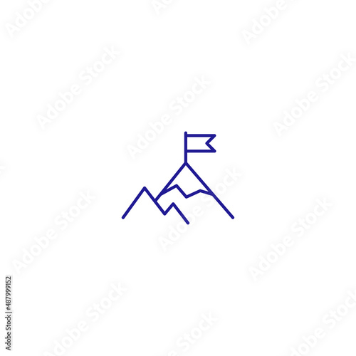 Flag mountain challenge peak line icon. Top high goal finish
